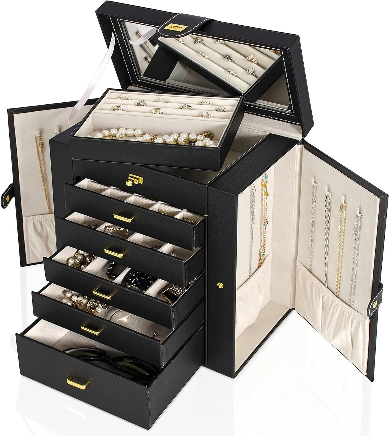 Large Jewelry Box Organizer Functional Lockable with Big Mirror, Leather Jewelry | eBay