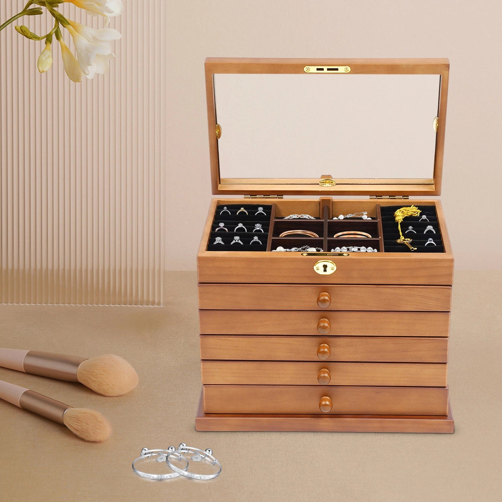 6-Layer Jewelry Box Wood for Wowen Large Organizer Box with Mirror & 5 Drawers | eBay
