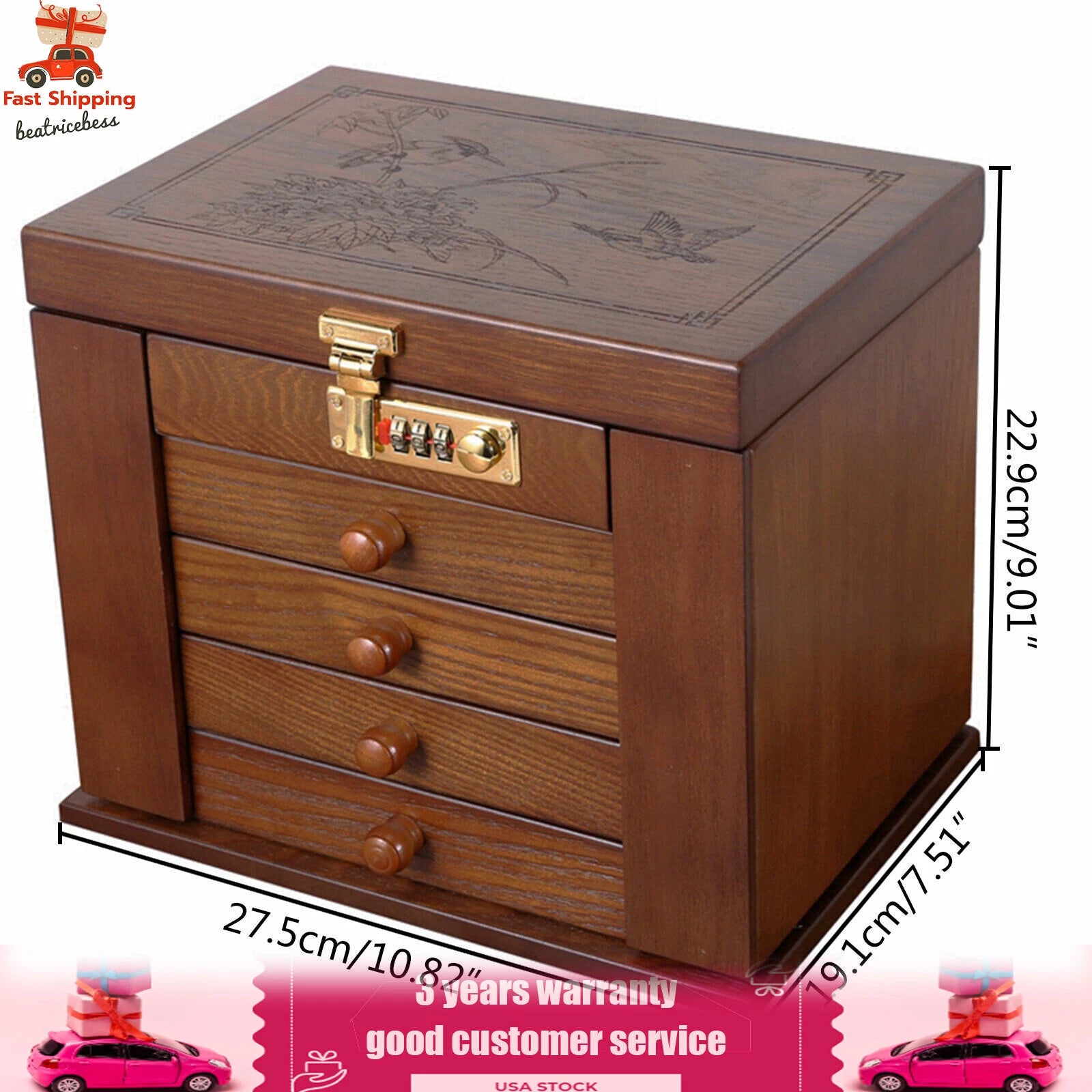 Large Wood Jewelry Storage Box 5 Layers 4 Drawers Jewelry Cabinet Armoir& Lock | eBay
