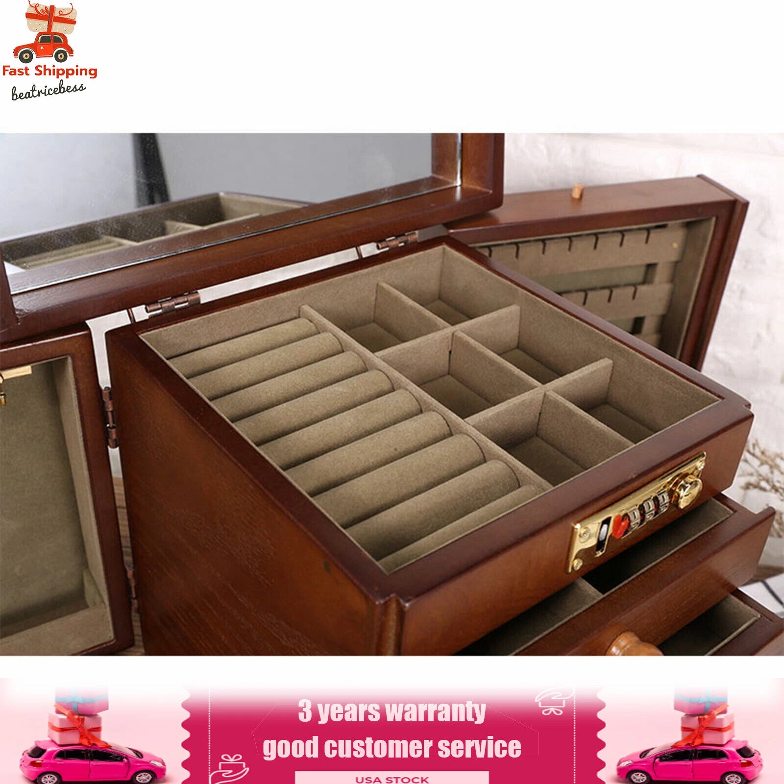 Large Wood Jewelry Storage Box 5 Layers 4 Drawers Jewelry Cabinet Armoir& Lock | eBay