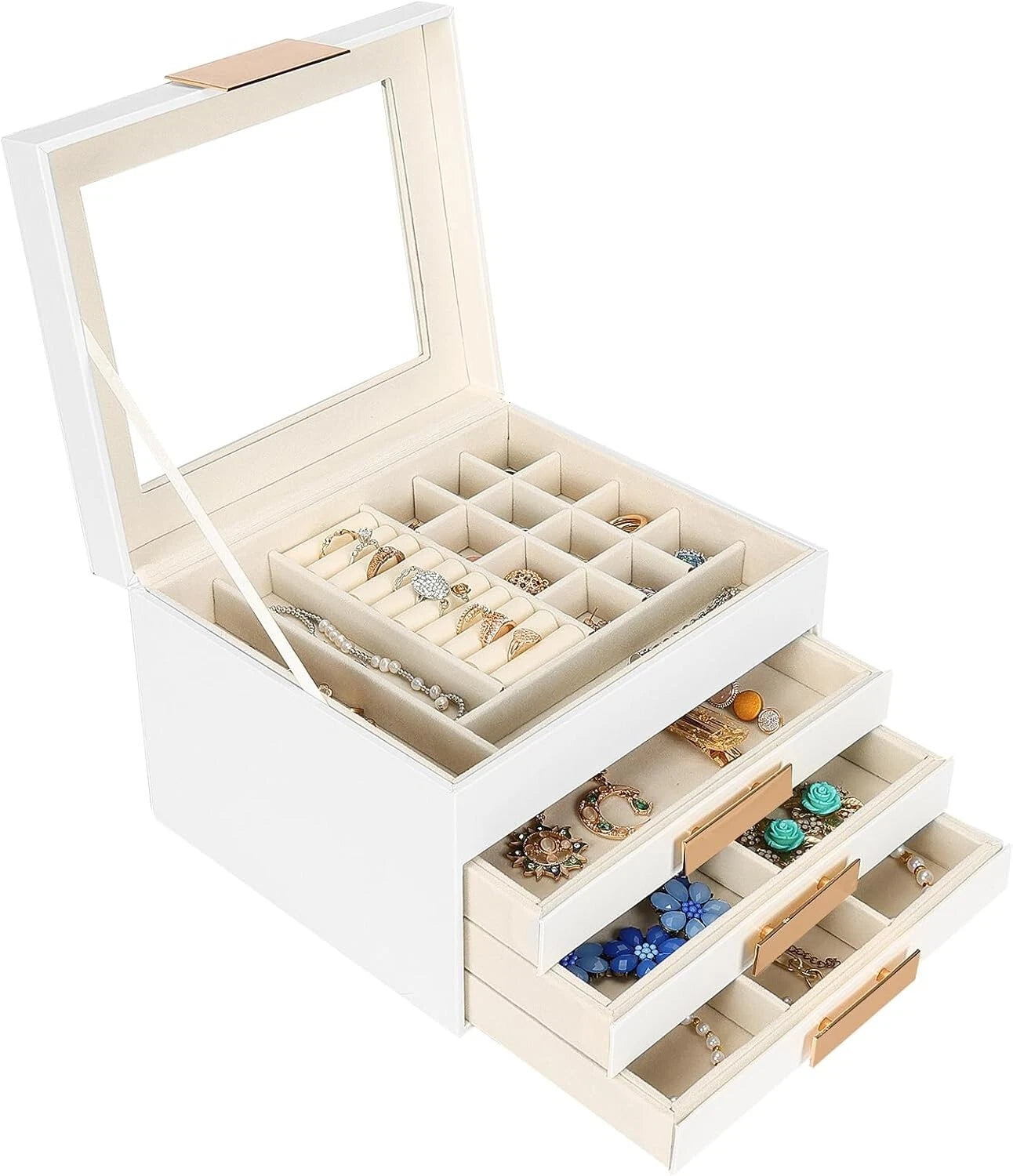 Jewelry Organizer Box, 4 Layers Modern Jewelry Organizer with Glass Lid & Drawer | eBay