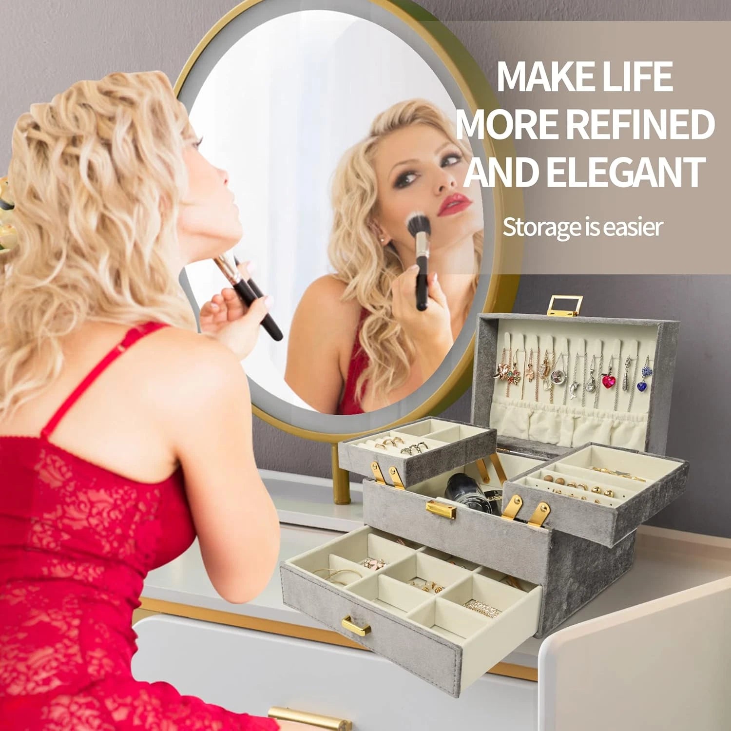 Velvet Jewelry Boxes, Women Jewelry Organizer Box, 3- Layer Large Jewelry Storag | eBay