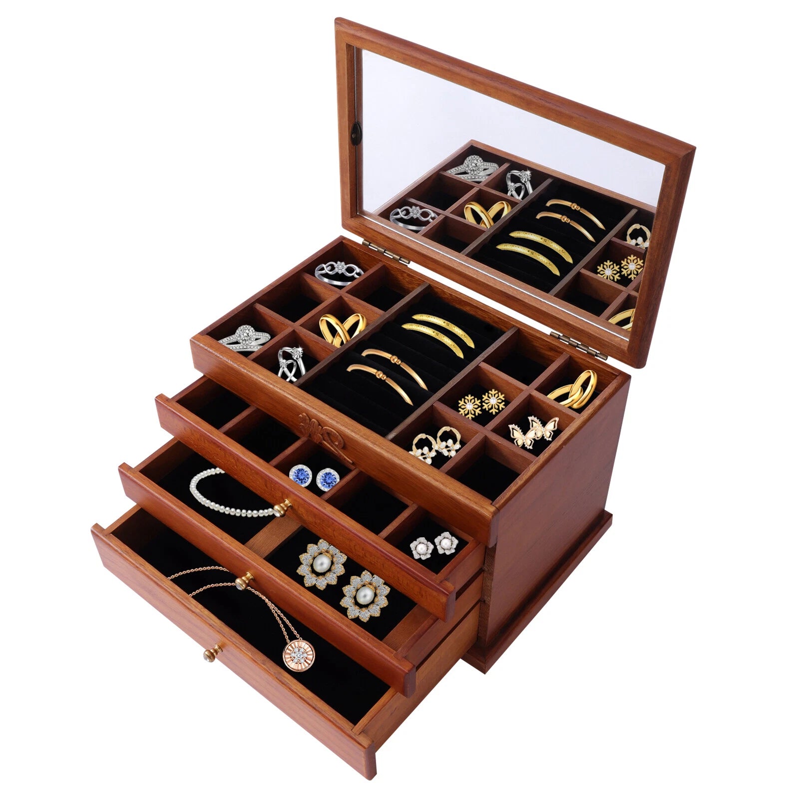 Wooden Jewelry Box Jewelry Storage Ring Earrings Organizer Case with Drawer | eBay