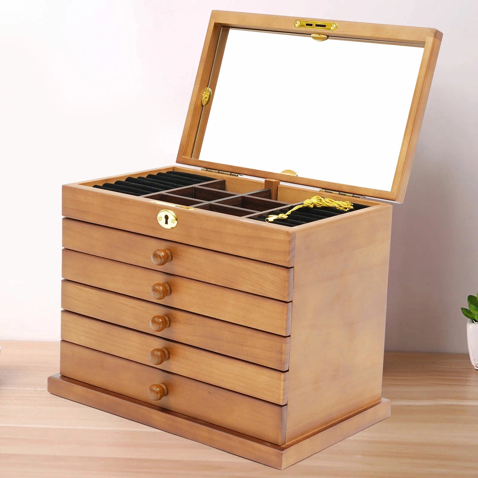 Jewelry Box Wooden Large Organizer Box Large Capacity With Mirror & 5 Drawers | eBay