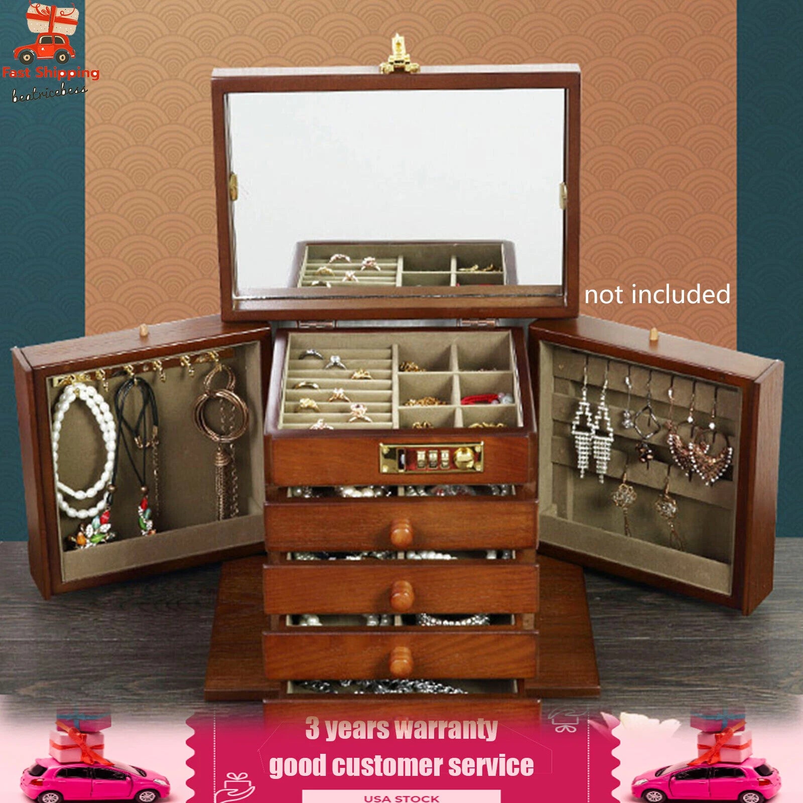 Large Wood Jewelry Storage Box 5 Layers 4 Drawers Jewelry Cabinet Armoir& Lock | eBay