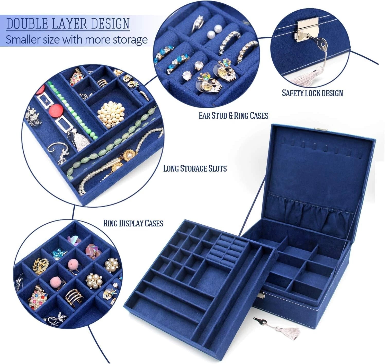 Elegant Two-Layer Jewelry Box Organizer in Deep Blue with Removable Compartments | eBay