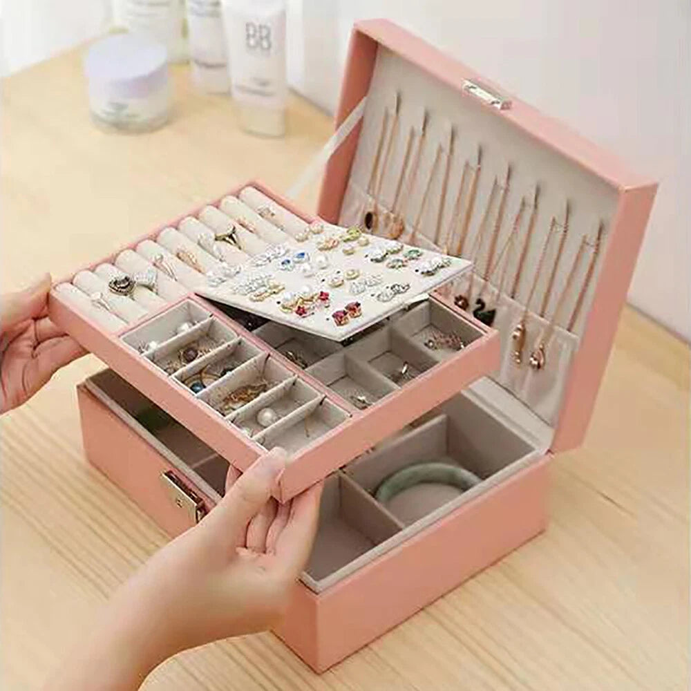 Double-layer Jewelry Storage Pink Cosmetics Box Watch Organizer Case PU Leather | eBay