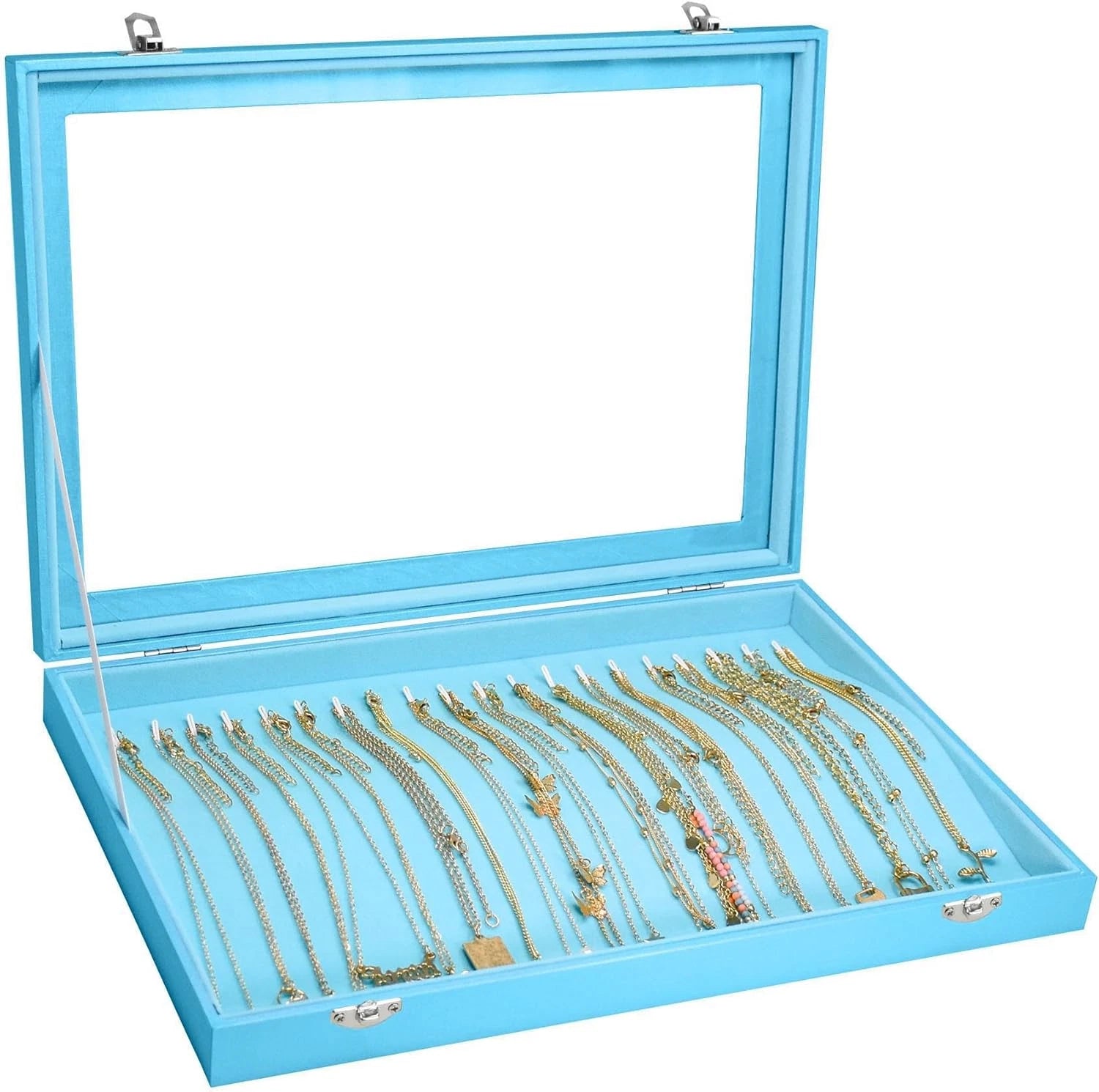 Premium Sky Blue Necklace Organizer Box with 20 Hooks & Transparent Lid | eBay