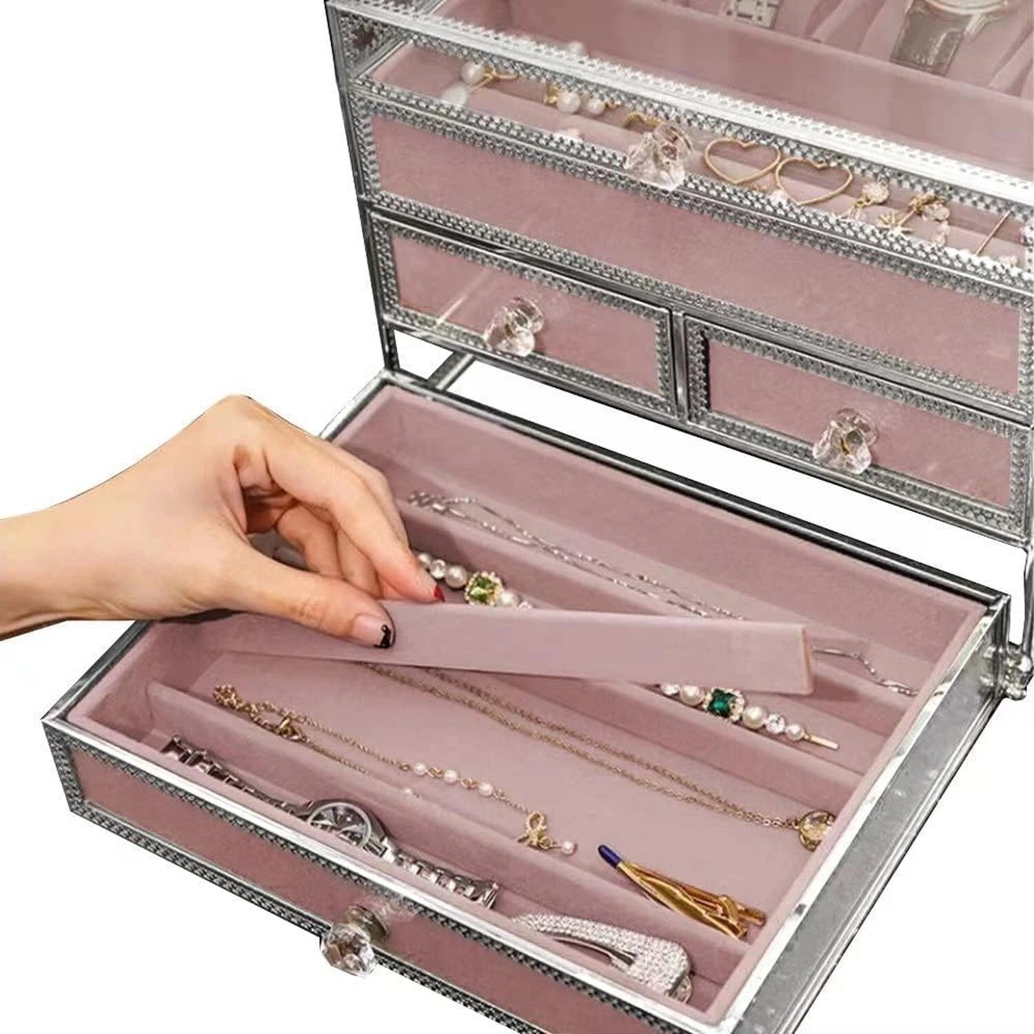 Hersoo Jewelry Box Mirrored Watch Organizer Necklace Ring Earring Storage/Gla... | eBay