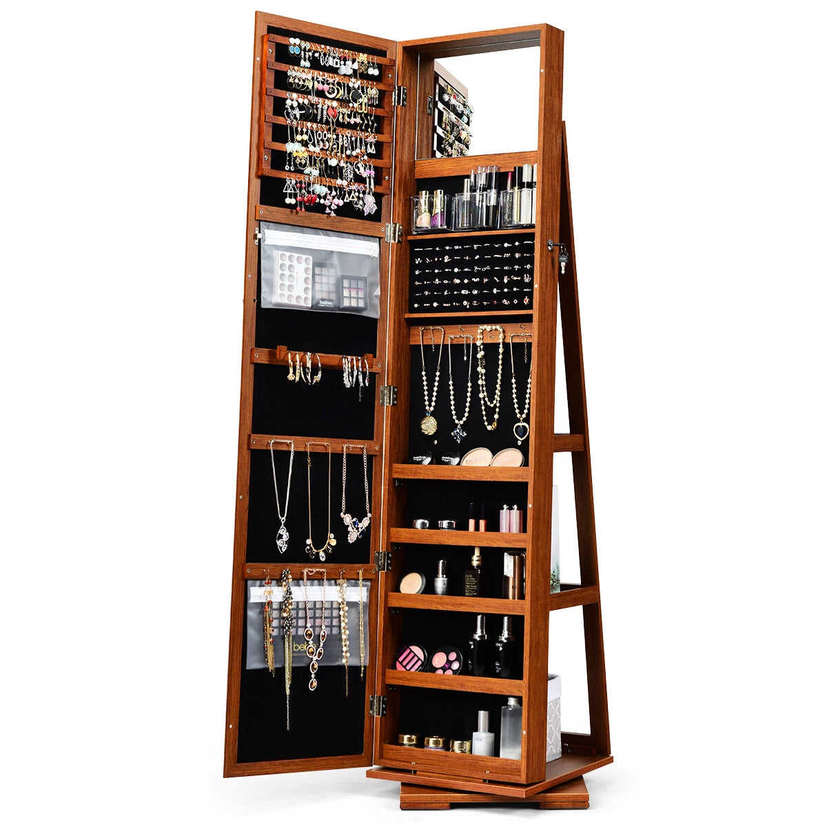 Costway 360° Rotatable Jewelry Cabinet Armoire Lockable Storage Organizer Brown | eBay
