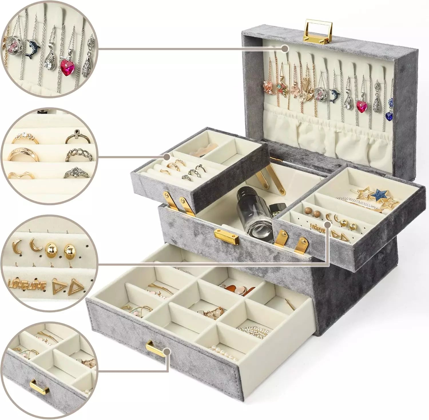 Velvet Jewelry Boxes, Women Jewelry Organizer Box, 3- Layer Large Jewelry Storag | eBay