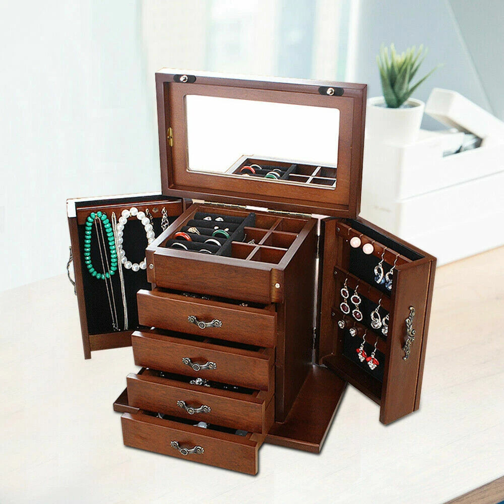 Large Wooden Jewelry Box Organizer w/ Mirror 5layer Ring Necklace Storage Case | eBay