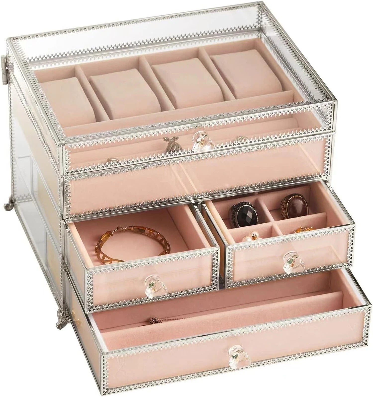 Hersoo Jewelry Box Mirrored Watch Organizer Necklace Ring Earring Storage/Gla... | eBay