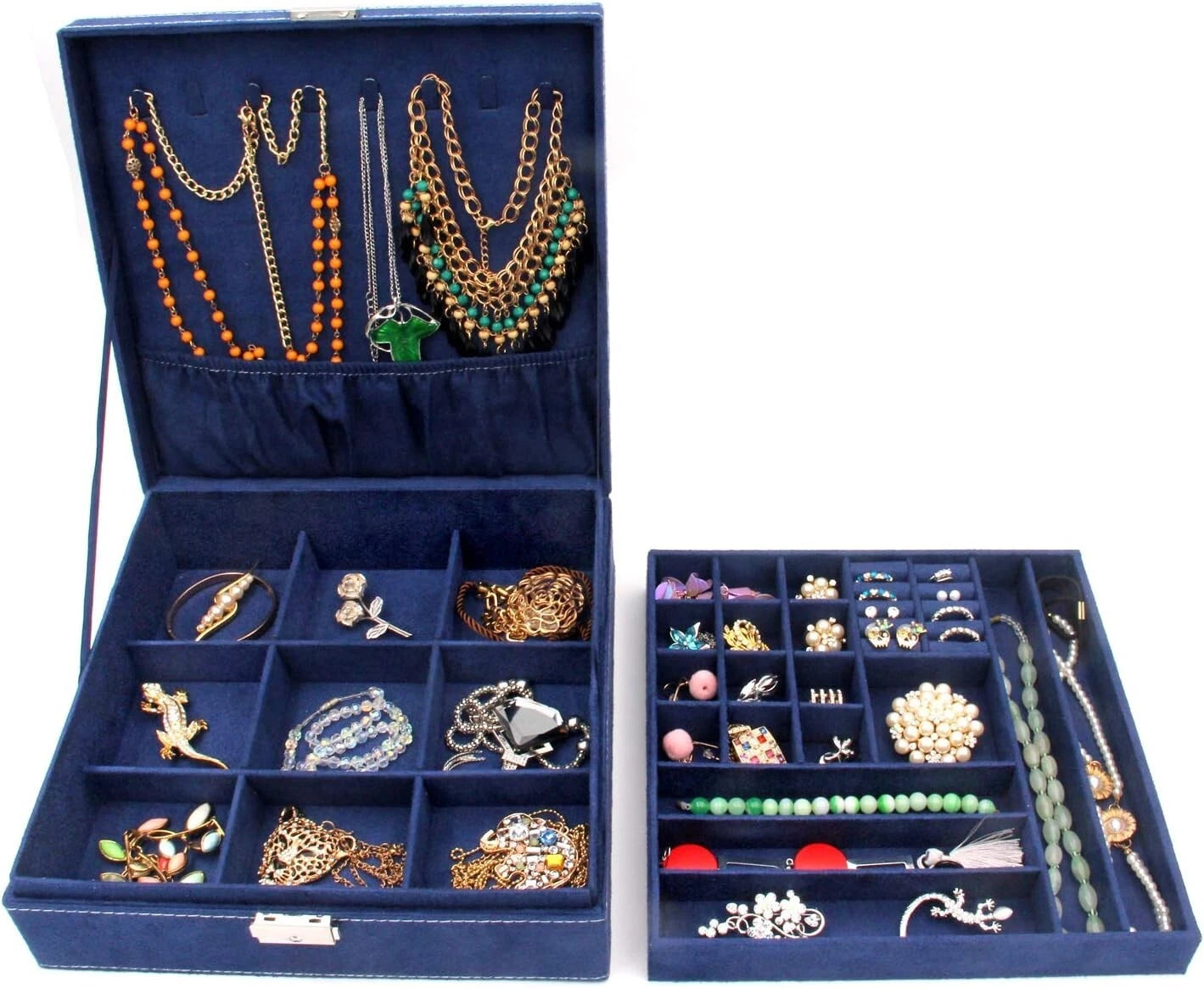 Elegant Two-Layer Jewelry Box Organizer in Deep Blue with Removable Compartments | eBay