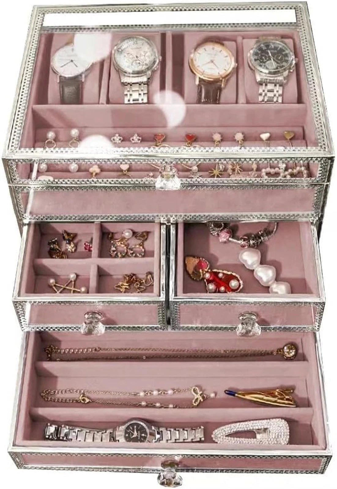 Hersoo Jewelry Box Mirrored Watch Organizer Necklace Ring Earring Storage/Gla... | eBay