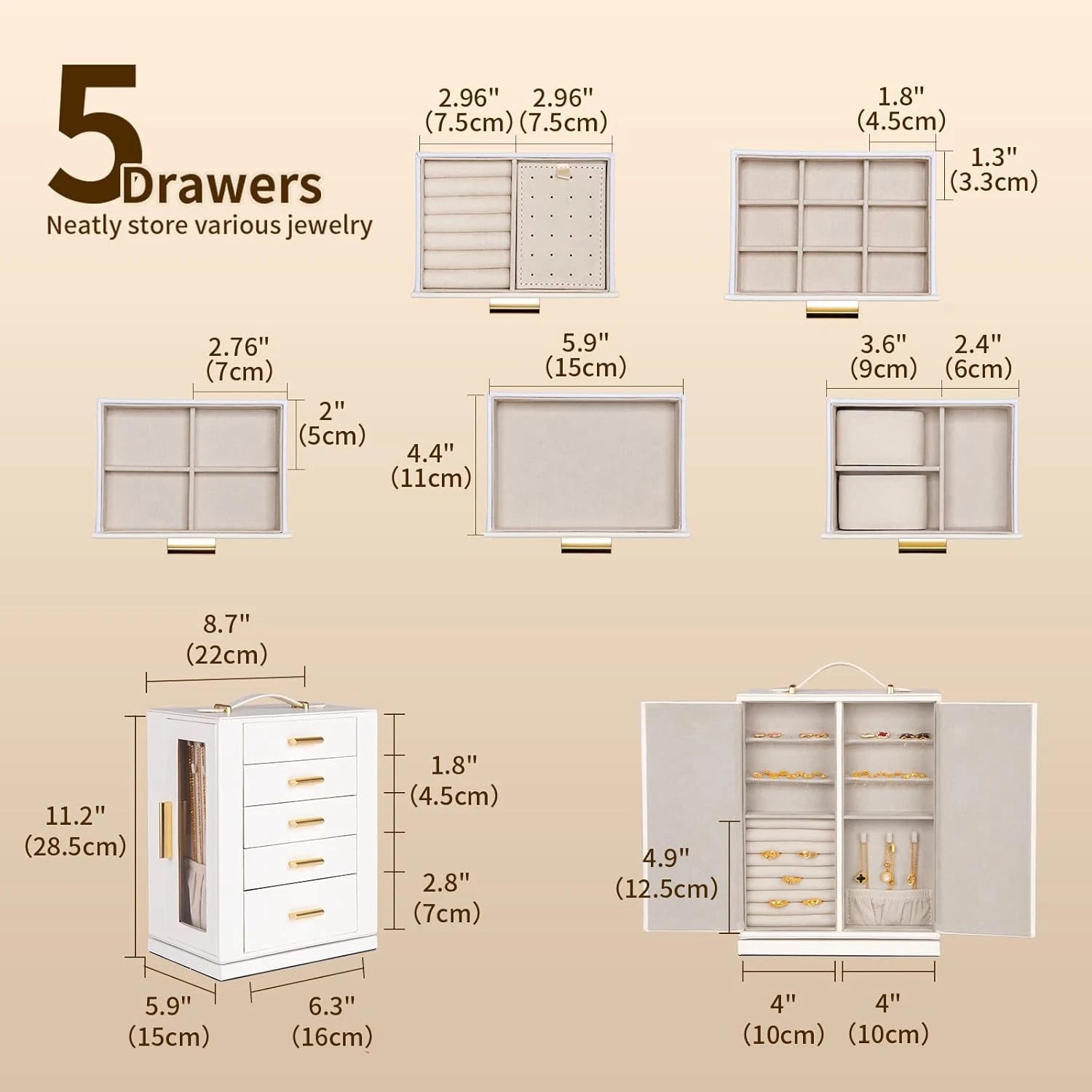 Jewelry Box 360° Rotating, Jewelry Storage Case with 5 Drawers, Jewelry Organize | eBay