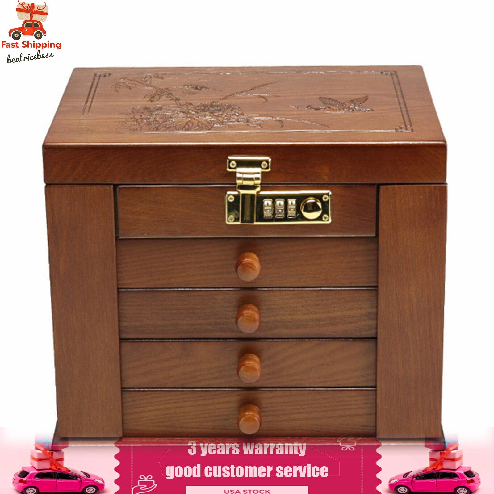 Large Wood Jewelry Storage Box 5 Layers 4 Drawers Jewelry Cabinet Armoir& Lock | eBay