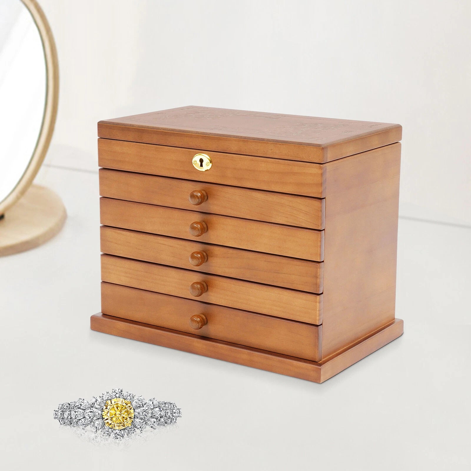 6-Layer Jewelry Box Wood for Wowen Large Organizer Box with Mirror & 5 Drawers | eBay