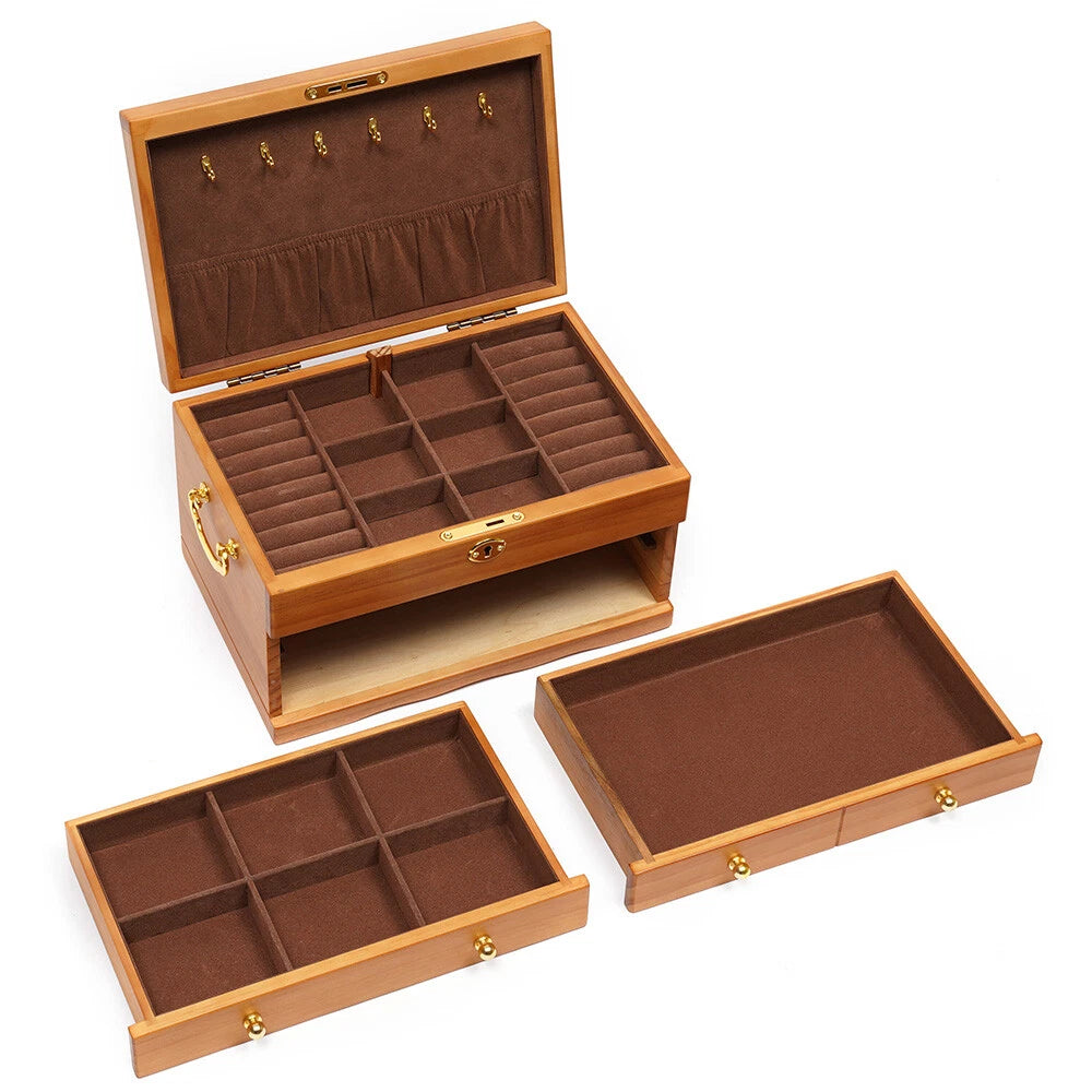 Large Capacity Wooden Jewelry Box 3 Layers + Safe Lock Retro Organizer Case | eBay