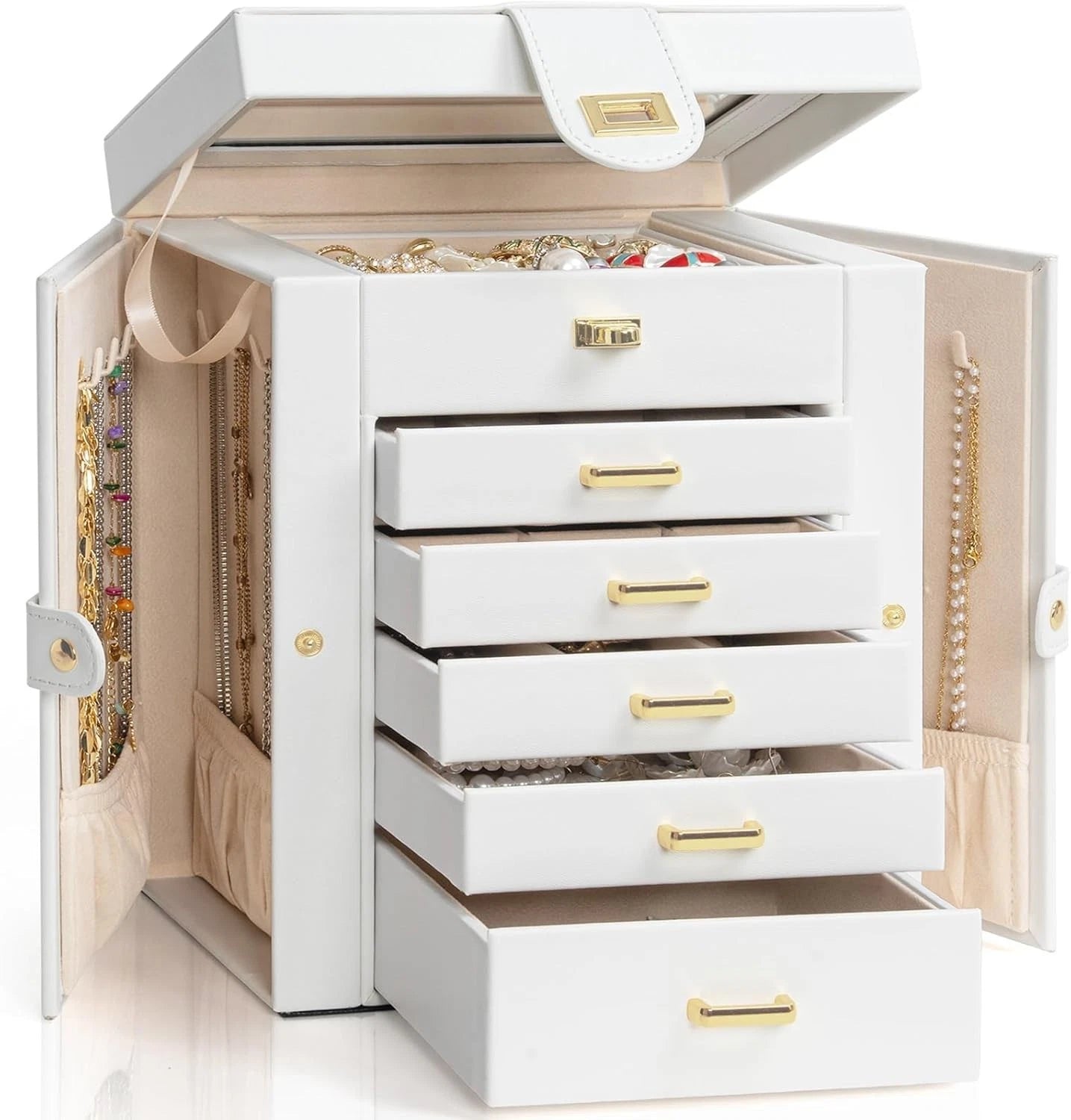 Jewelry Box Organizer White Leather 6-Tier with Mirror, Drawers, Compartments | eBay