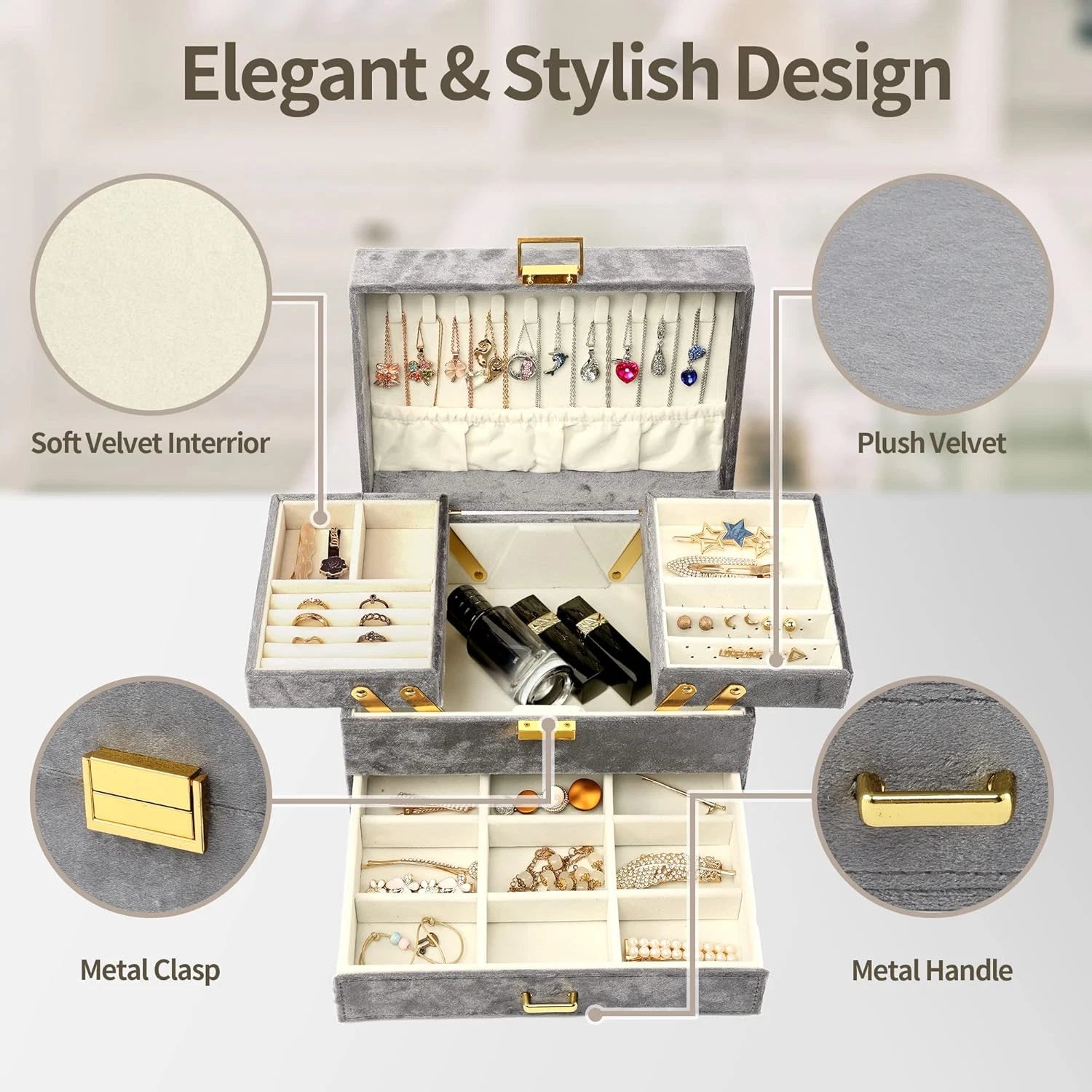 Velvet Jewelry Boxes, Women Jewelry Organizer Box, 3- Layer Large Jewelry Storag | eBay