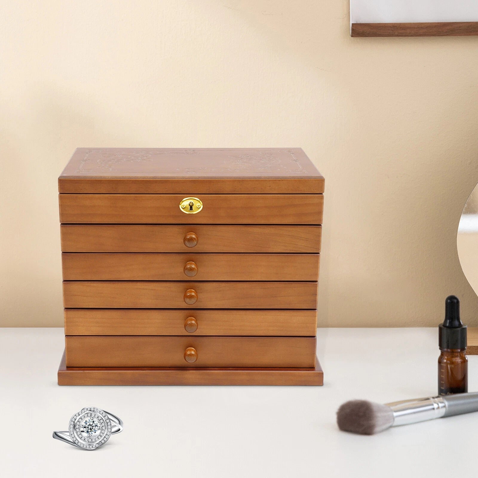 6-Layer Jewelry Box Wood for Wowen Large Organizer Box with Mirror & 5 Drawers | eBay