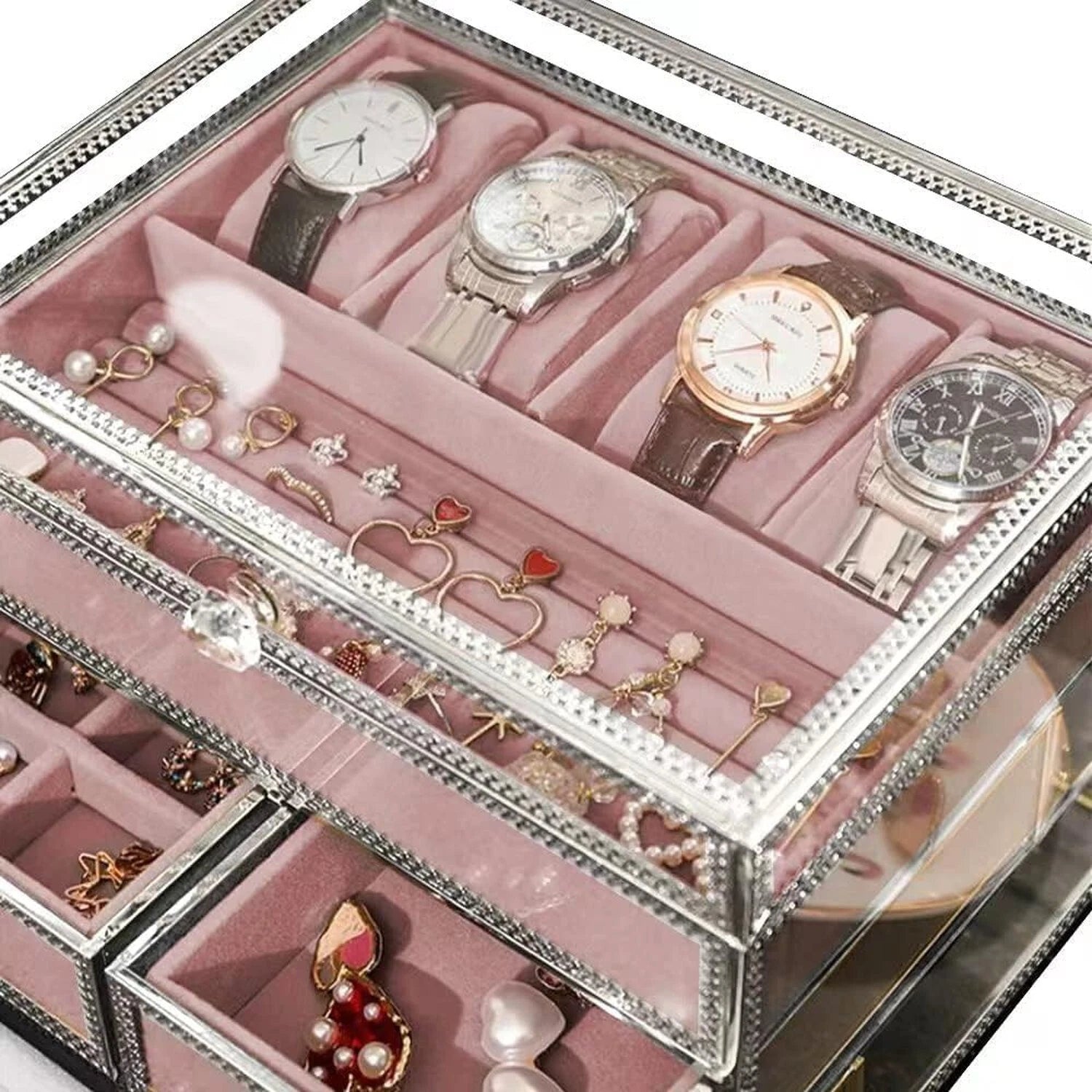 Hersoo Jewelry Box Mirrored Watch Organizer Necklace Ring Earring Storage/Gla... | eBay