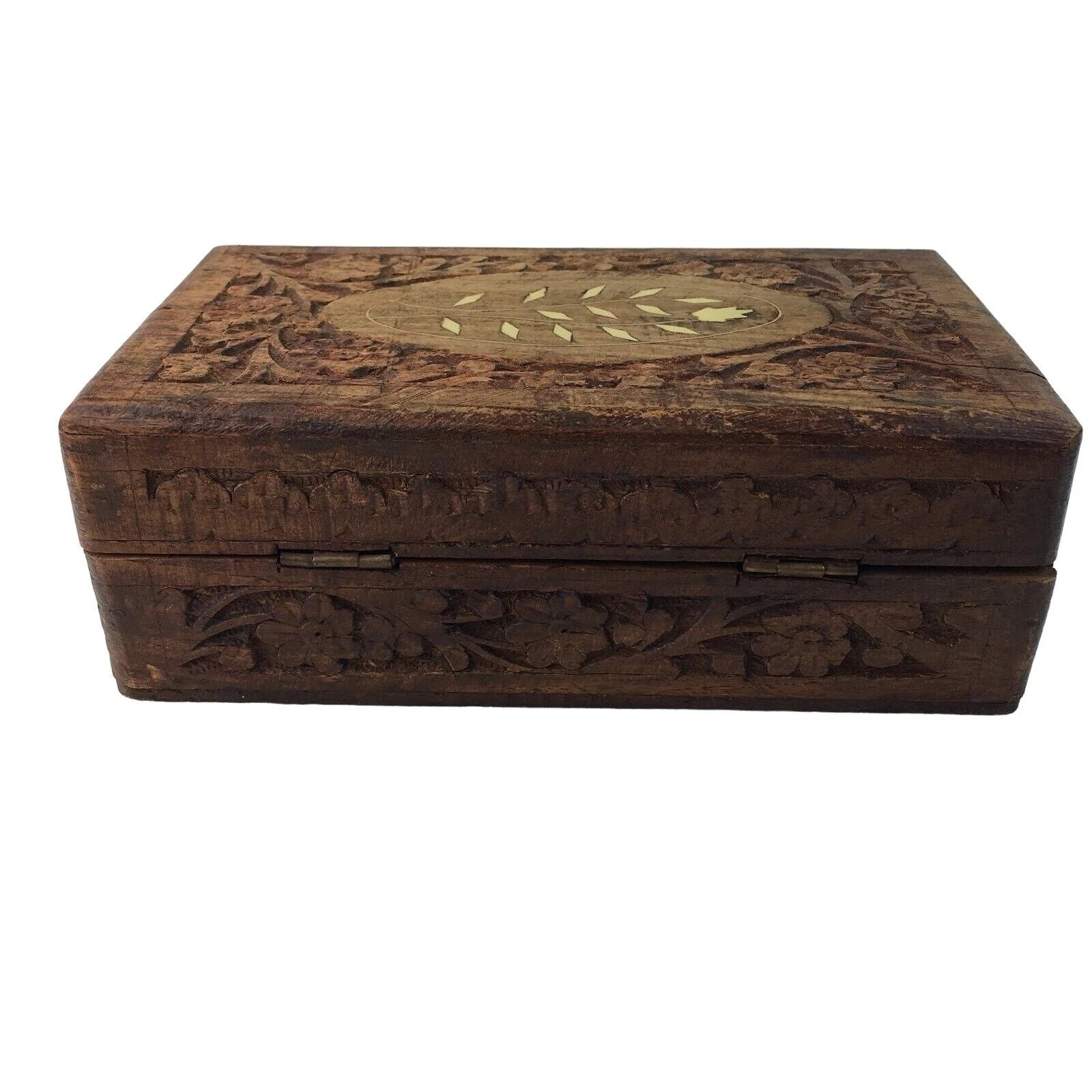 Wood Jewelry Chest Storage Box Inlay Carved Floral Pattern Solid Mid Century u | eBay