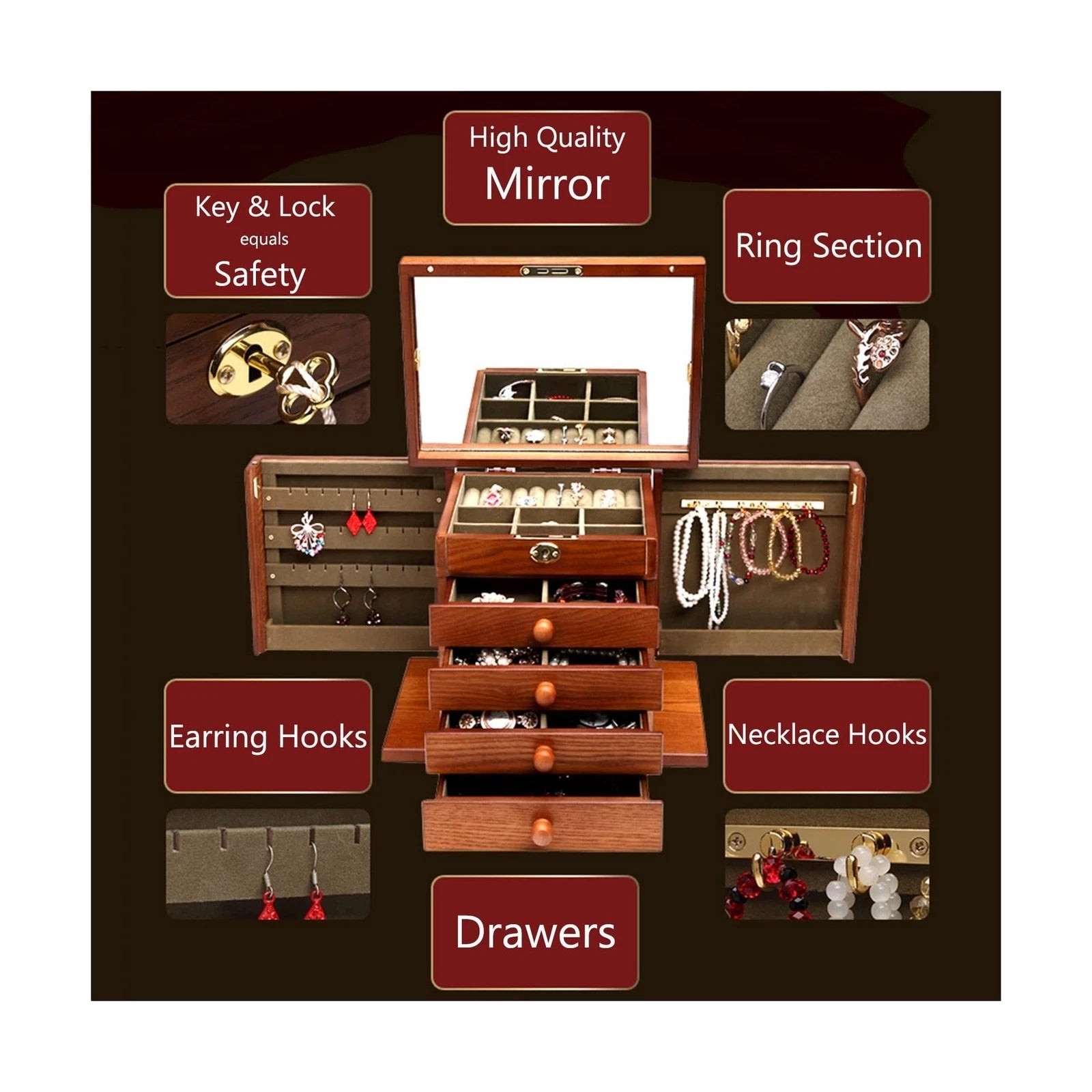 Changsuo Wooden Jewelry Box for Women, Organizer Box of Solild Wood with Lock... | eBay