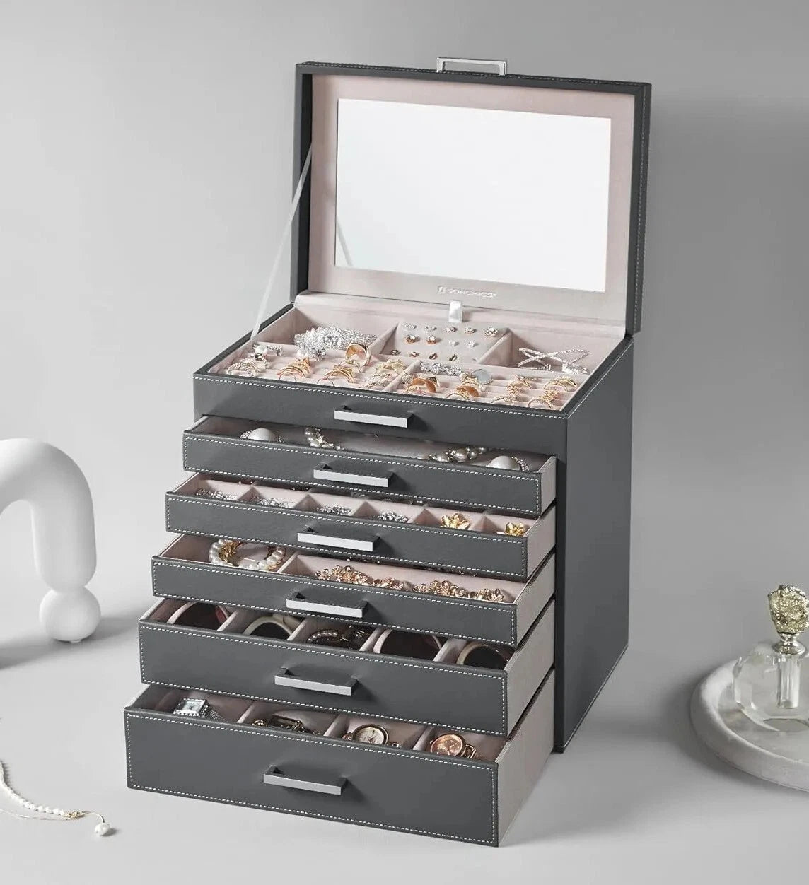 Jewelry Box 6-Tier Organizer Large Jewelry Case with Big Mirror Modern Style | eBay