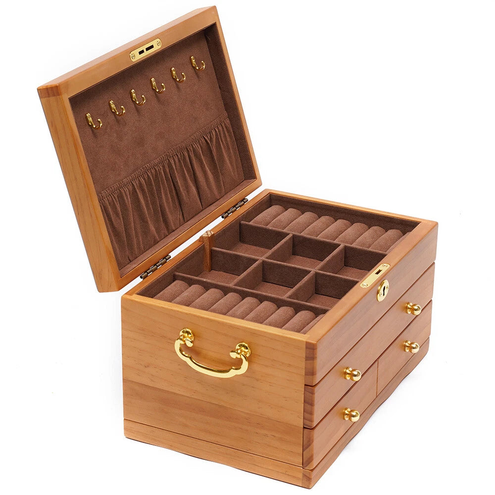Elegant Wooden Jewelry Box with Velvet Lining and Key Lock, 3 Layers | eBay
