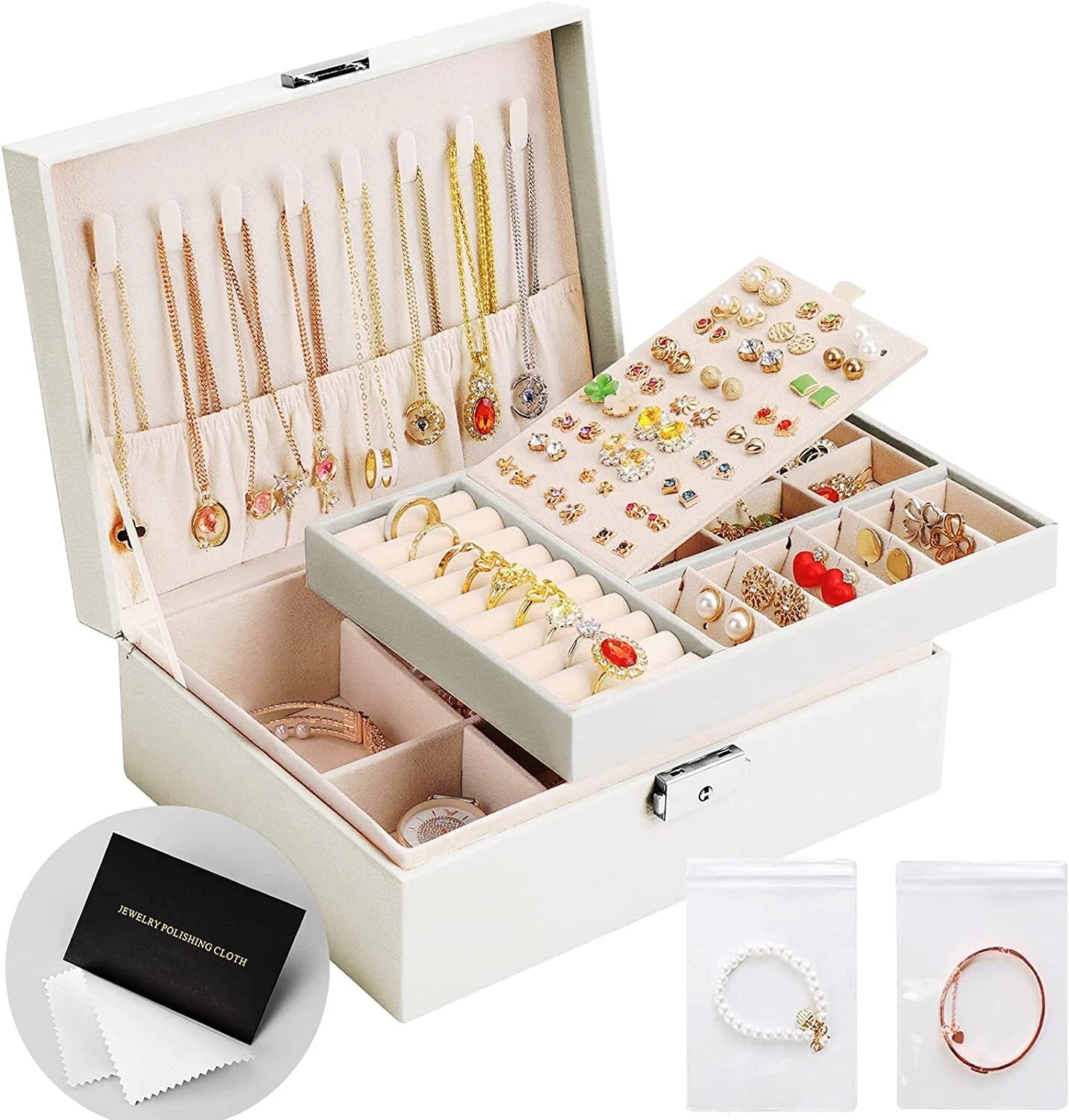 Home Jewelry Box Double Layer For Earrings Necklace Ring Storage Box w/ Lock | eBay