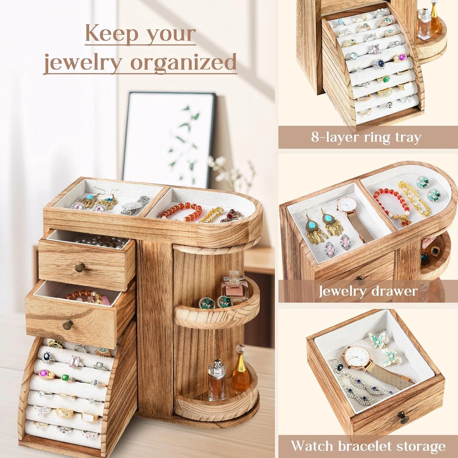 Wood Jewelry Box, Solid Wooden Rotating Jewelry Box Organizer for Women with 3 D | eBay
