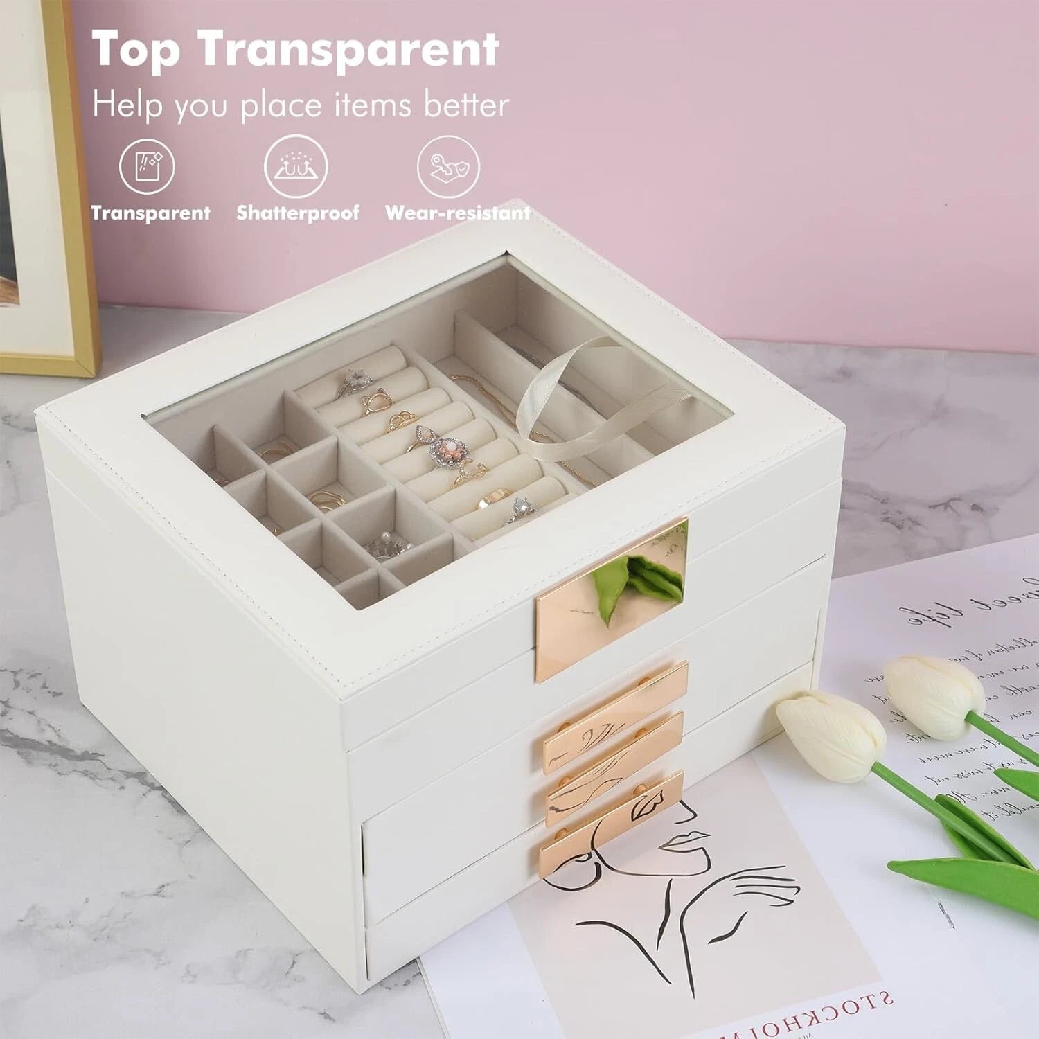 Jewelry Organizer Box, 4 Layers Modern Jewelry Organizer with Glass Lid & Drawer | eBay