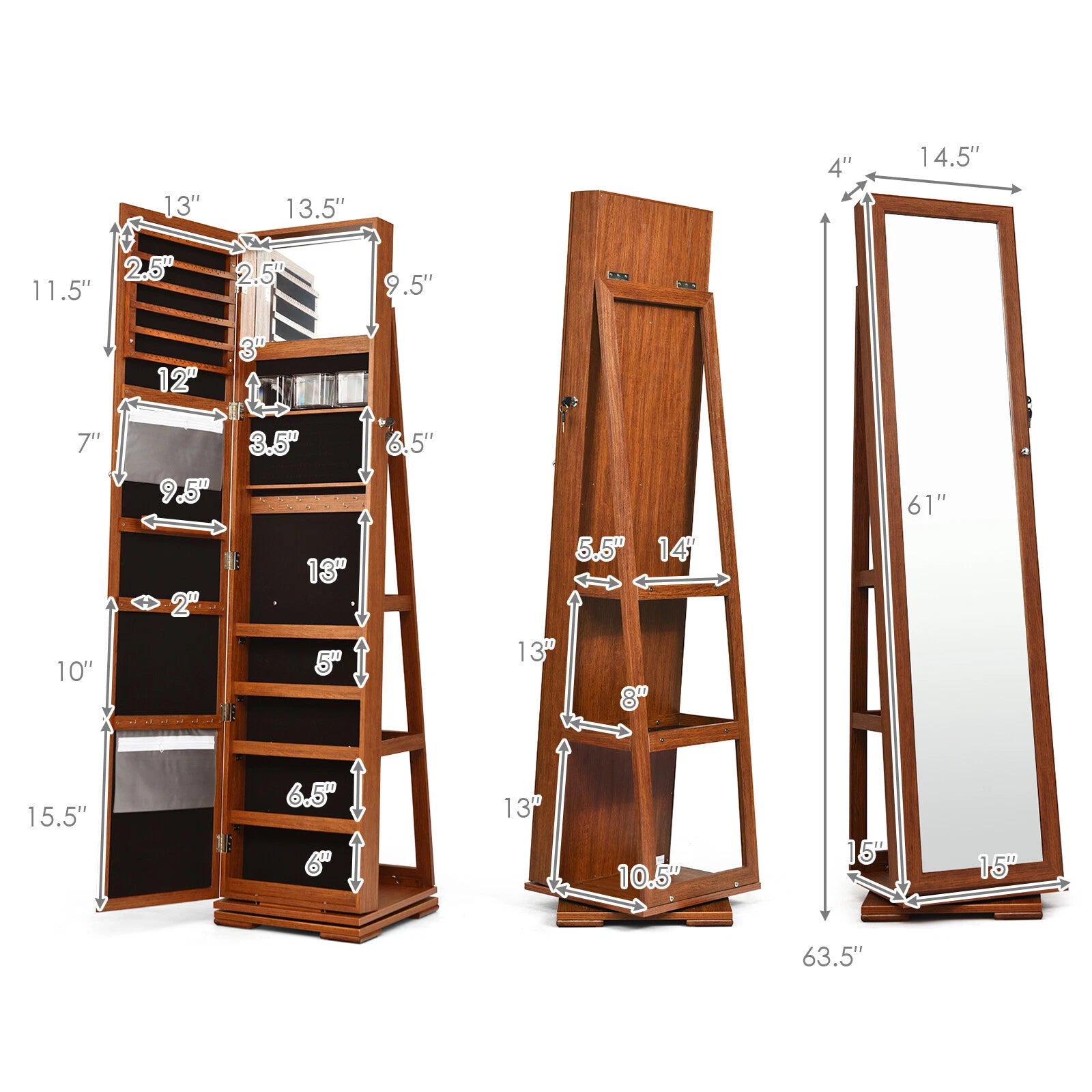 Costway 360° Rotatable Jewelry Cabinet Armoire Lockable Storage Organizer Brown | eBay