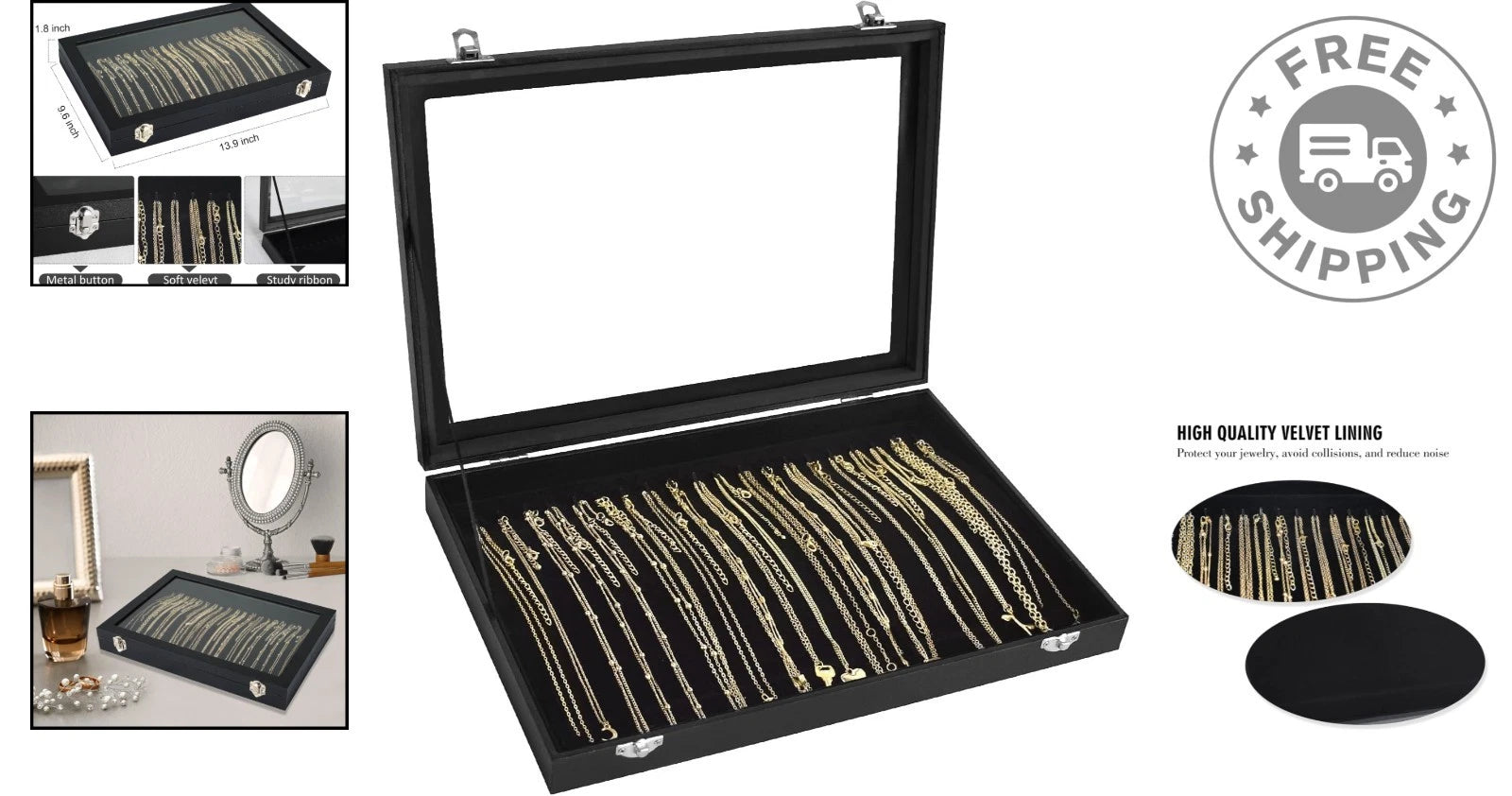 Dustproof Jewelry Display Box with 20 Hooks | Modern Velvet Organizer, Black | eBay