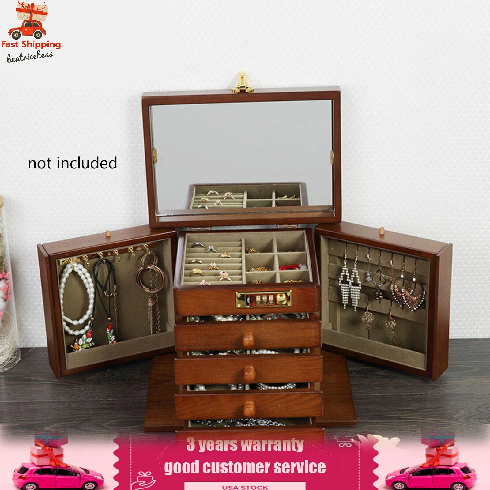 Large Wood Jewelry Storage Box 5 Layers 4 Drawers Jewelry Cabinet Armoir& Lock | eBay