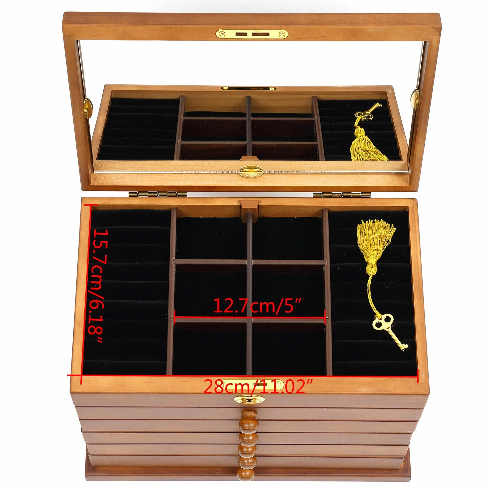 Jewelry Box Wooden Large Organizer Box Large Capacity With Mirror & 5 Drawers | eBay