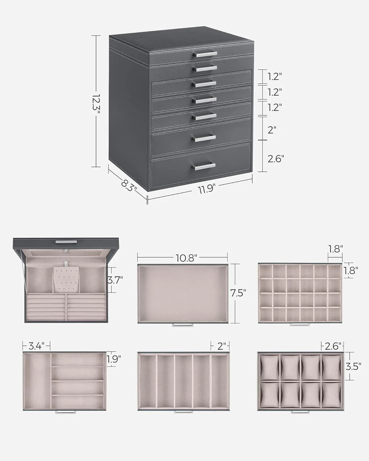 Jewelry Box 6-Tier Organizer Large Jewelry Case with Big Mirror Modern Style | eBay