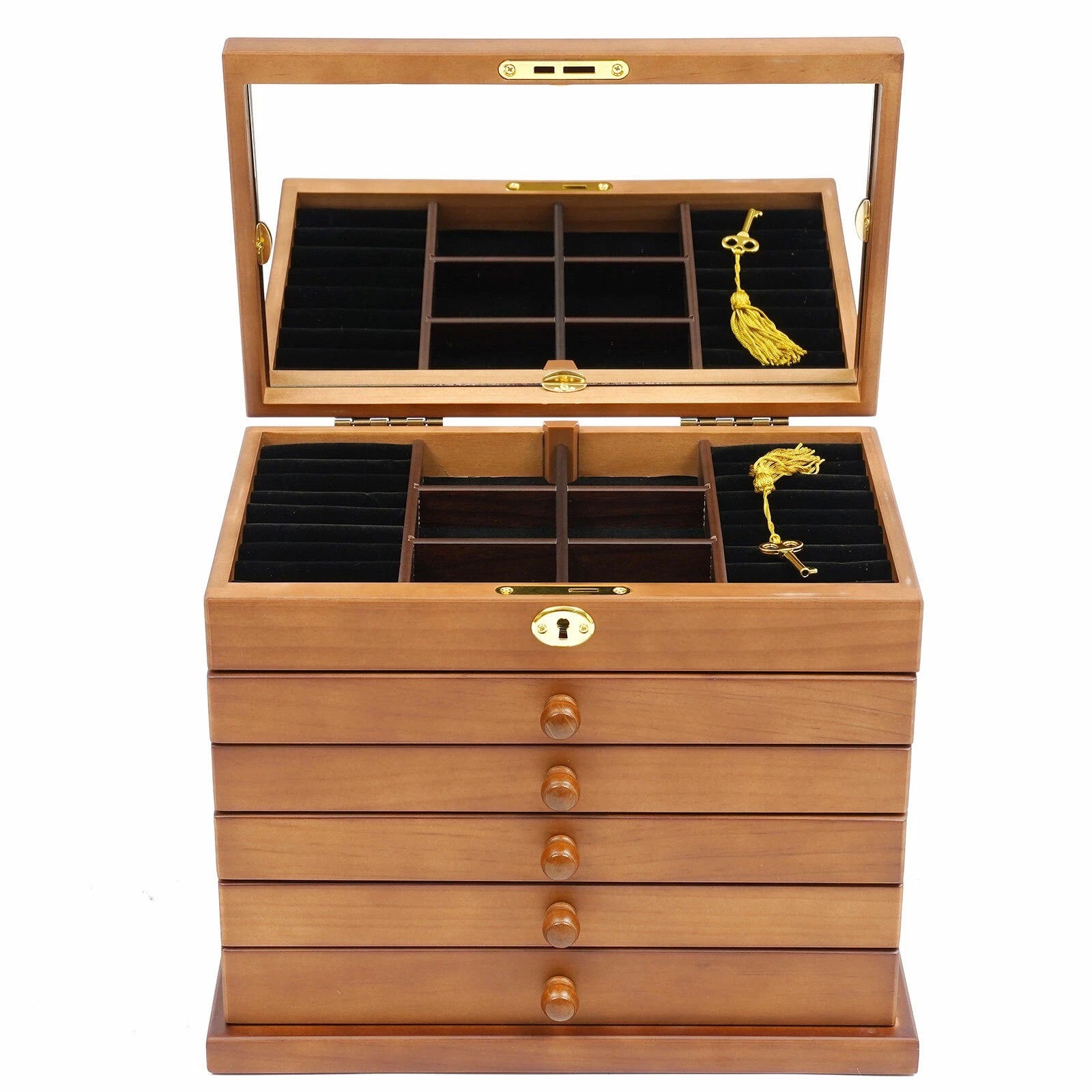 Jewelry Box Wooden Large Organizer Box Large Capacity With Mirror & 5 Drawers | eBay