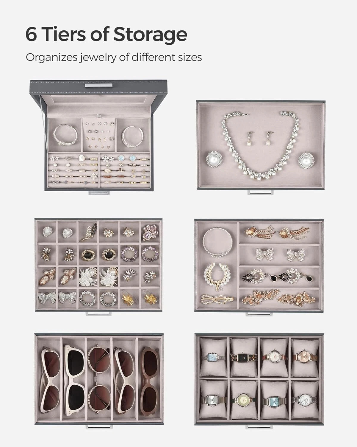 Jewelry Box 6-Tier Organizer Large Jewelry Case with Big Mirror Modern Style | eBay