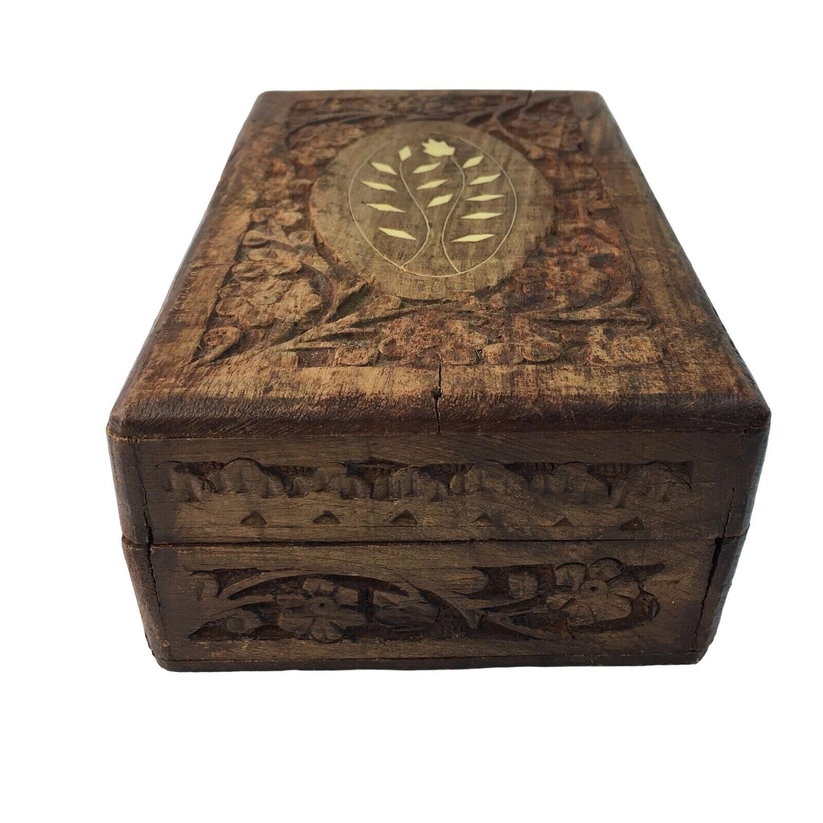 Wood Jewelry Chest Storage Box Inlay Carved Floral Pattern Solid Mid Century u | eBay