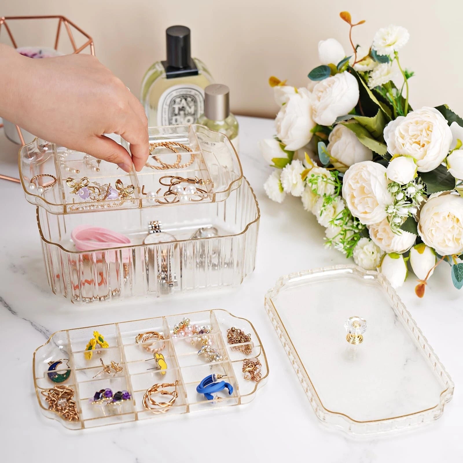 NiHome Transparent 3-Layer Jewelry Organizer Box with Elegant Gold Handle, Ef... | eBay