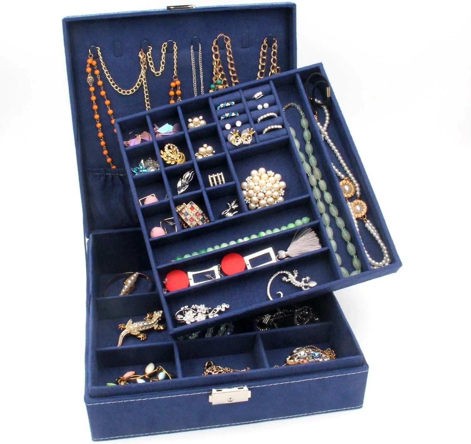 Elegant Two-Layer Jewelry Box Organizer in Deep Blue with Removable Compartments | eBay