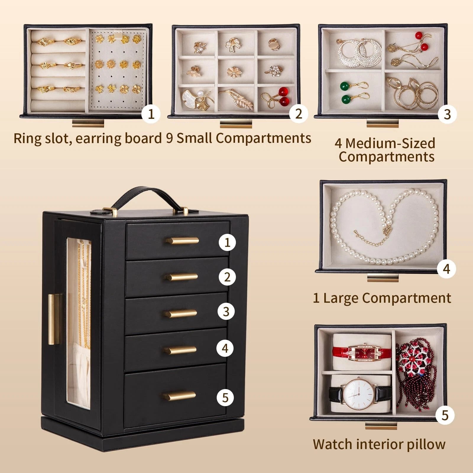 Jewelry Box 360° Rotating, Jewelry Storage Case with 5 Drawers, Jewelry Org | eBay