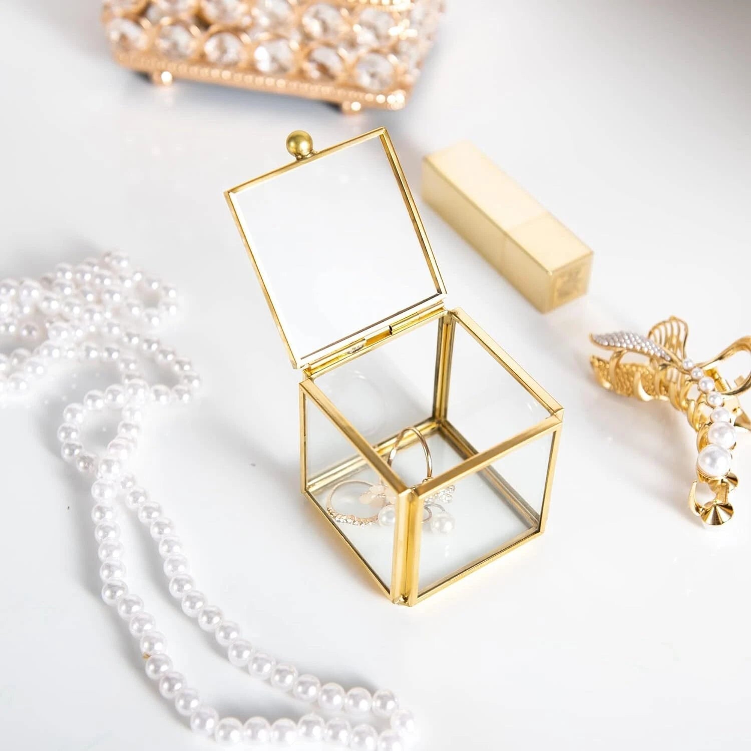 Small Glass Jewelry Trinket Box Ornate Rings Earrings Display Shadow Box | eBay