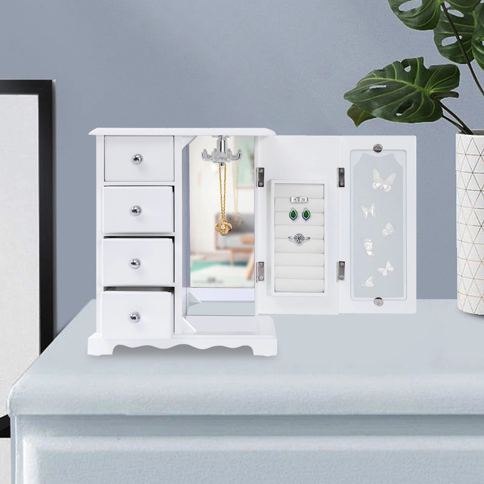 Jewelry Box for Women, White Jewelry Organizer Box with Mirror & 4 Drawers | eBay