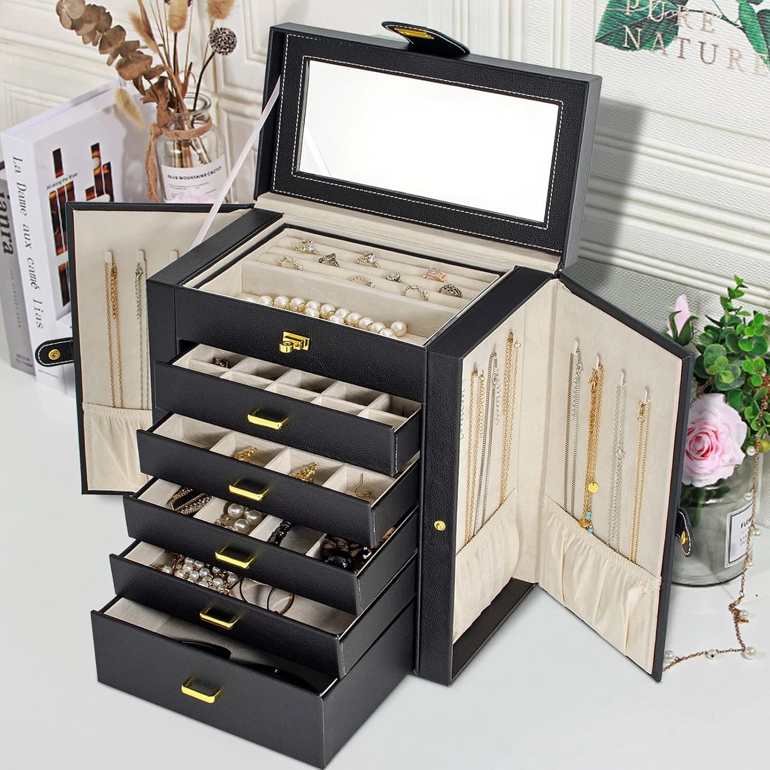 Large Jewelry Box Organizer Functional Lockable with Big Mirror, Leather Jewelry | eBay