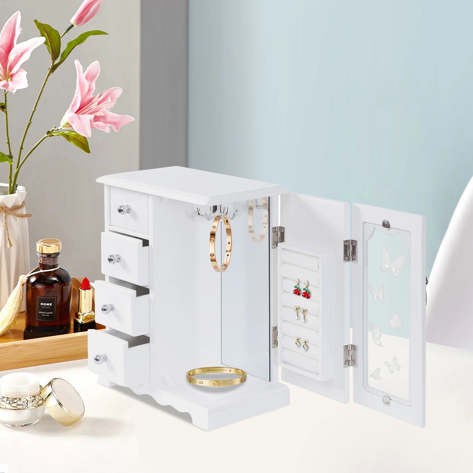 Jewelry Box for Women, White Jewelry Organizer Box with Mirror & 4 Drawers | eBay