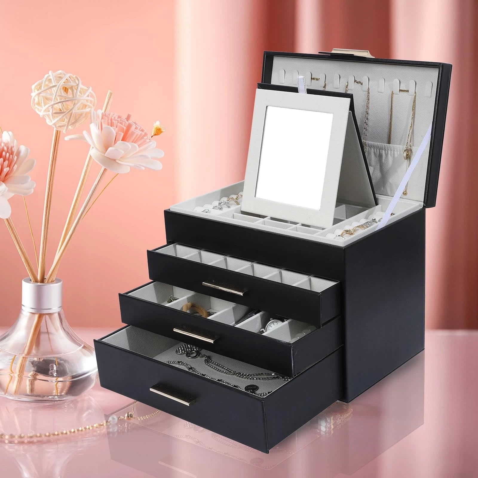 Large Jewelry Box for Women, 4 Layer Jewelry Holder Organizer with Necklace H... | eBay